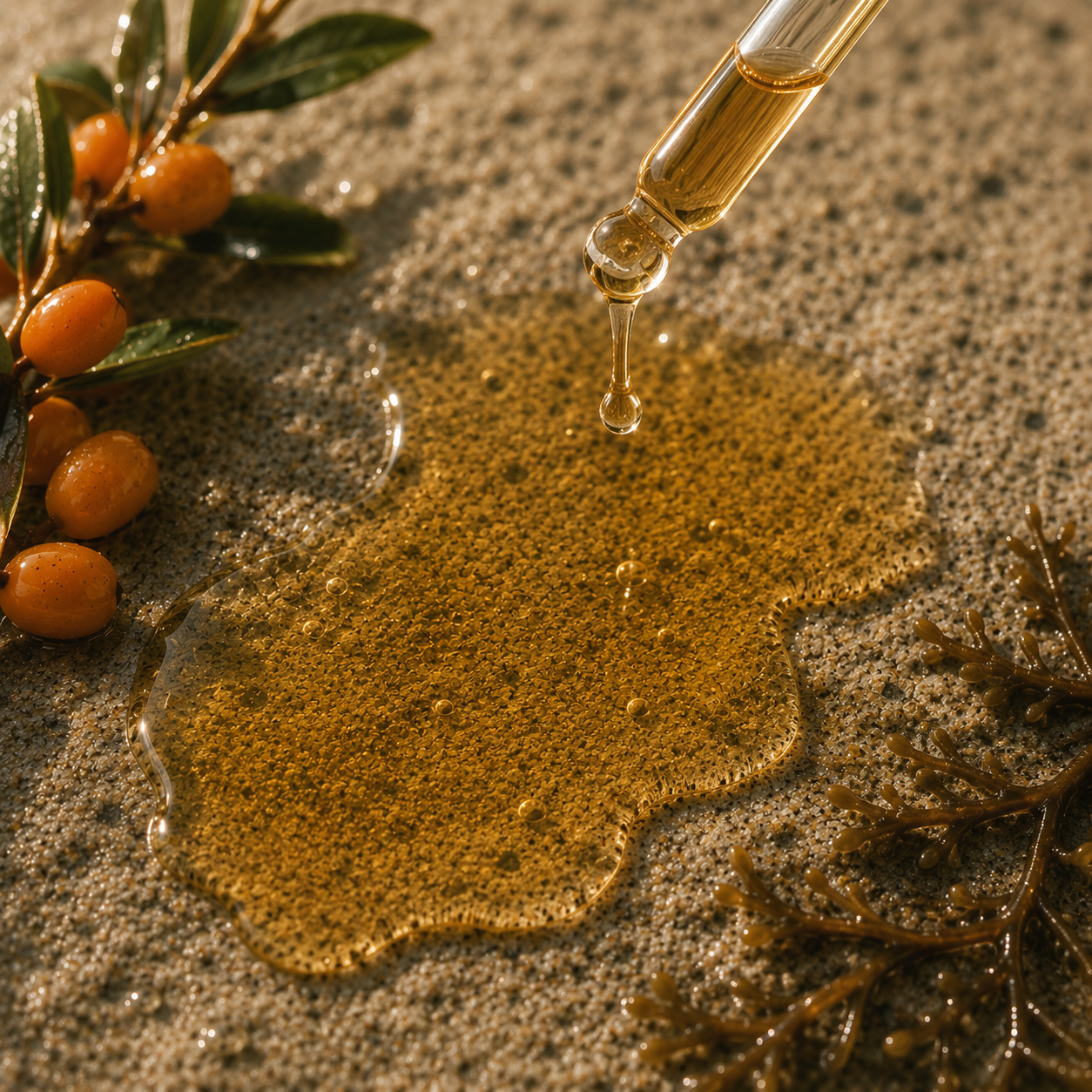 Radiance barrier oil on a rock being dropped out of a dropper with sea buckthorn plant next to it.