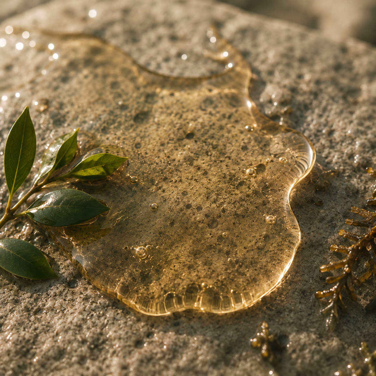 Oil on a rock with plant material