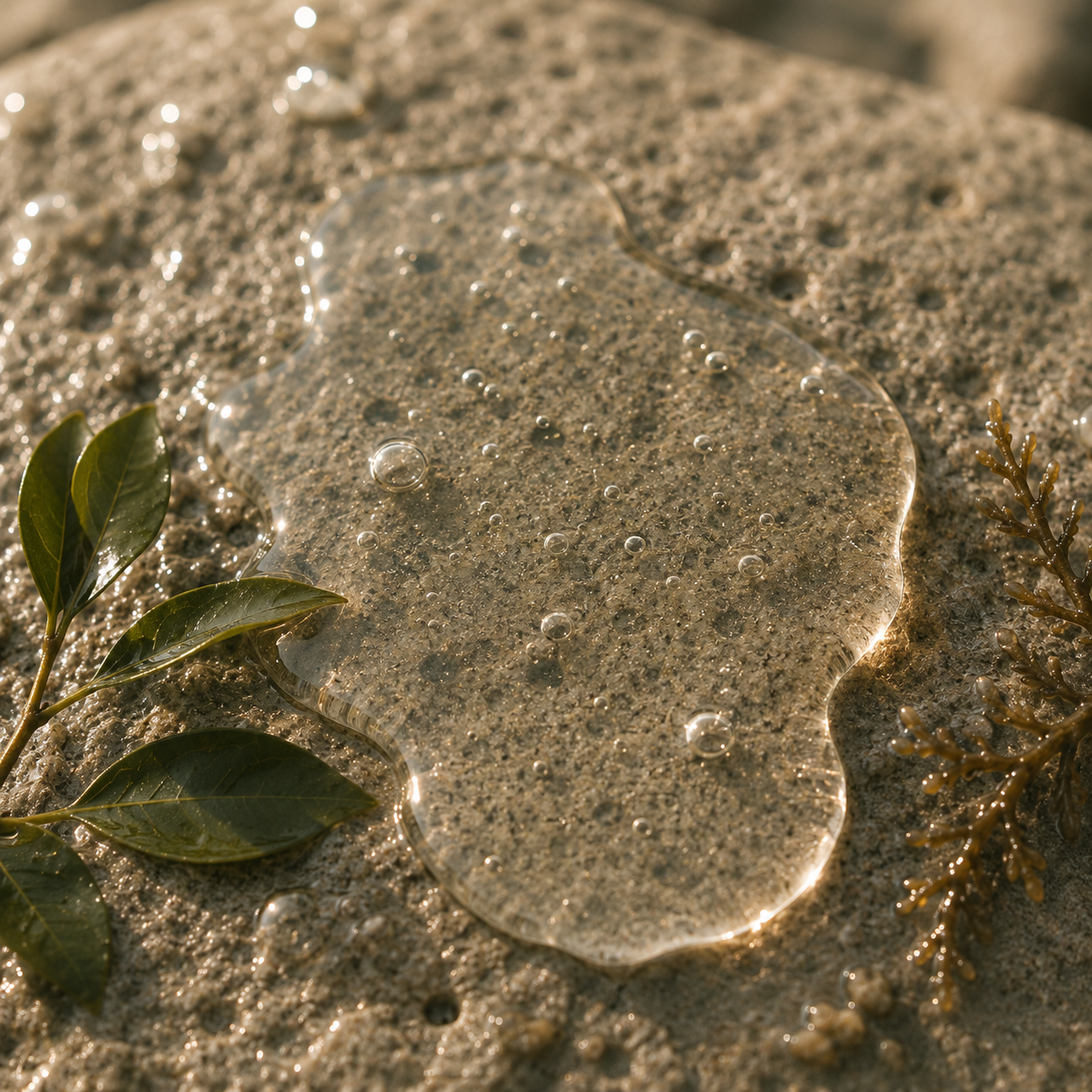 Hydrating Mist raw ingredient with plant material on a pourous rock