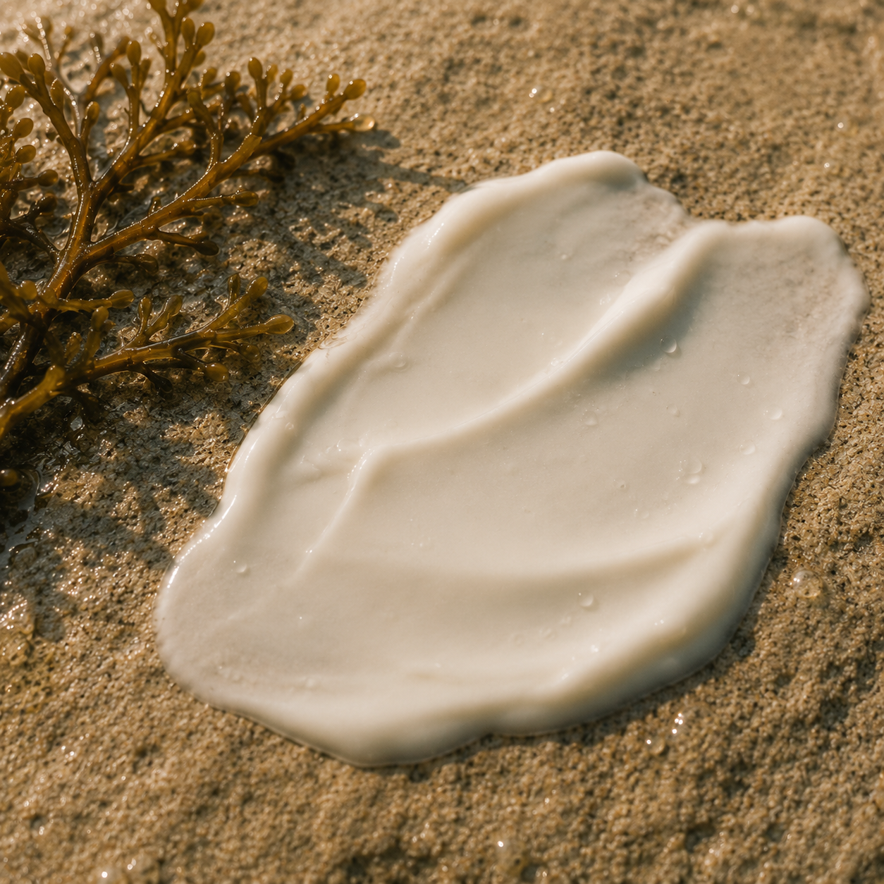 Moisturizer spread onto a sandy rock with plant material next to it.