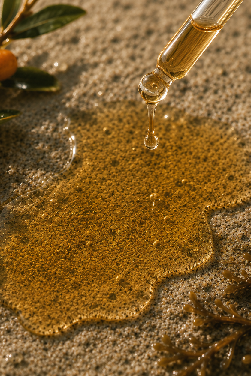 Radiance barrier oil on a rock being dropped out of a dropper with sea buckthorn plant next to it.