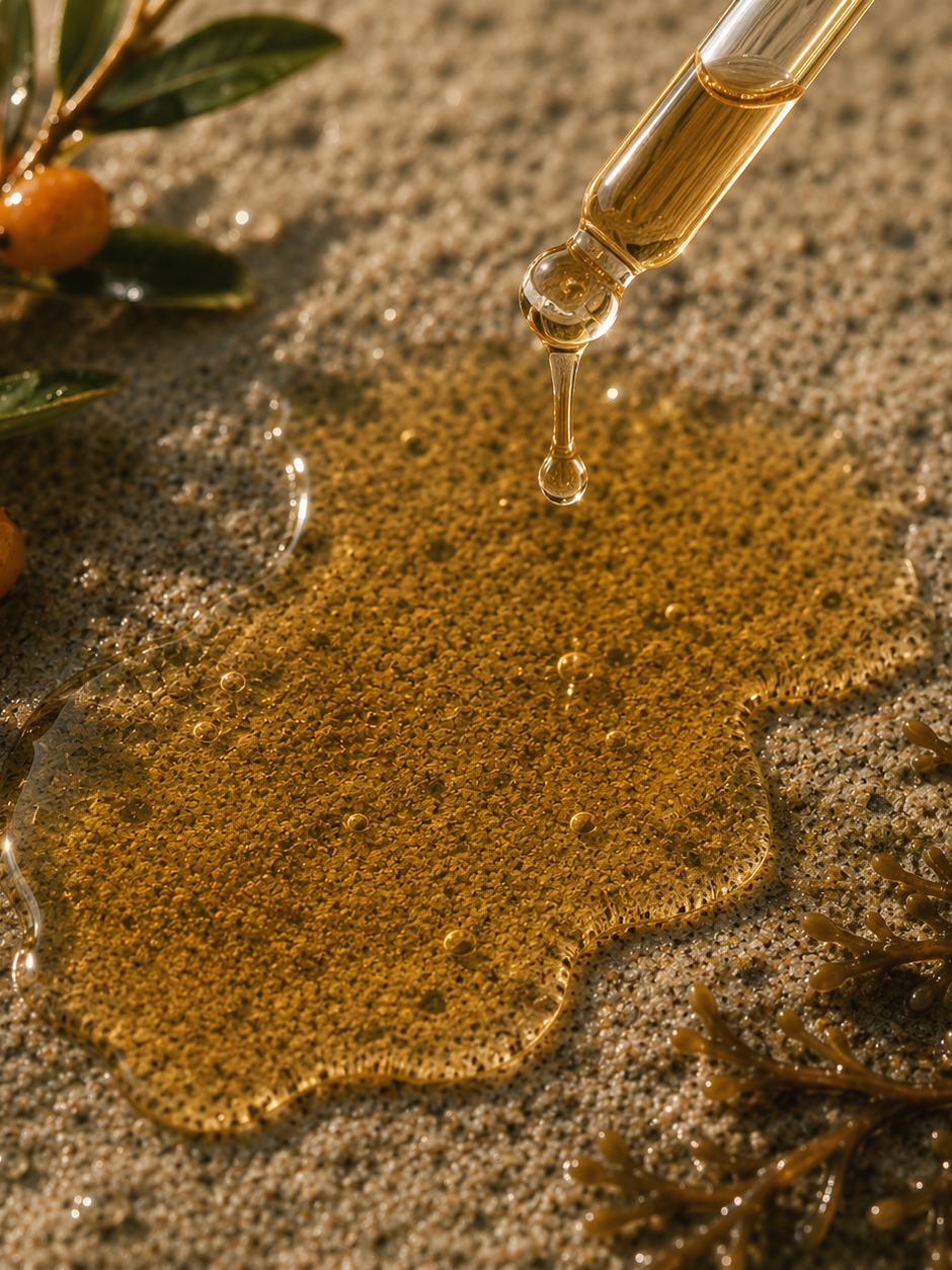 Radiance barrier oil on a rock being dropped out of a dropper with sea buckthorn plant next to it.