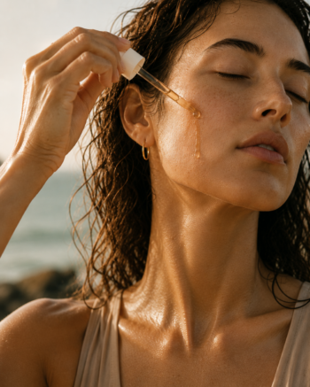 Woman applying a serum using a dropper to her face