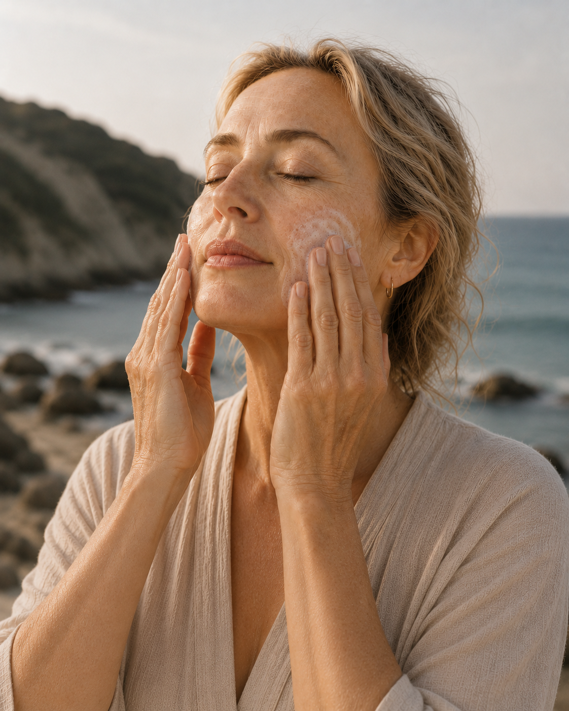 Woman cleansing face on a beach with a rocky shoreline behind her