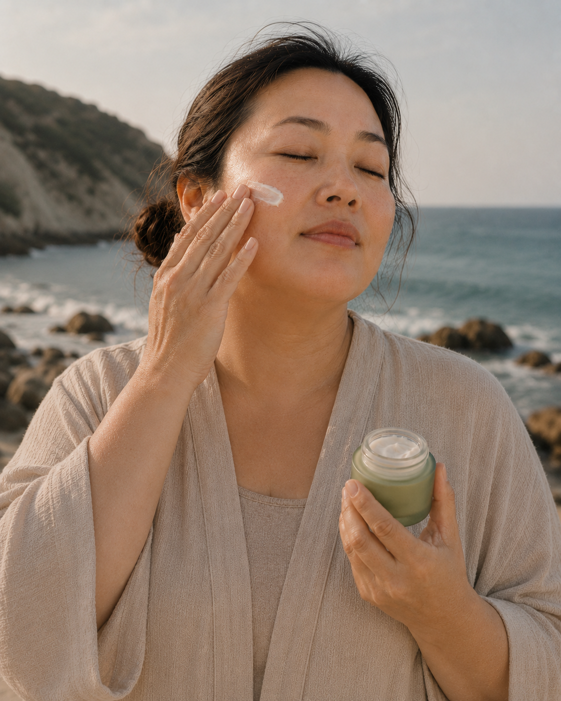 Woman applying Day Cream Standing on a Rocky Shore Line with a beach in the background