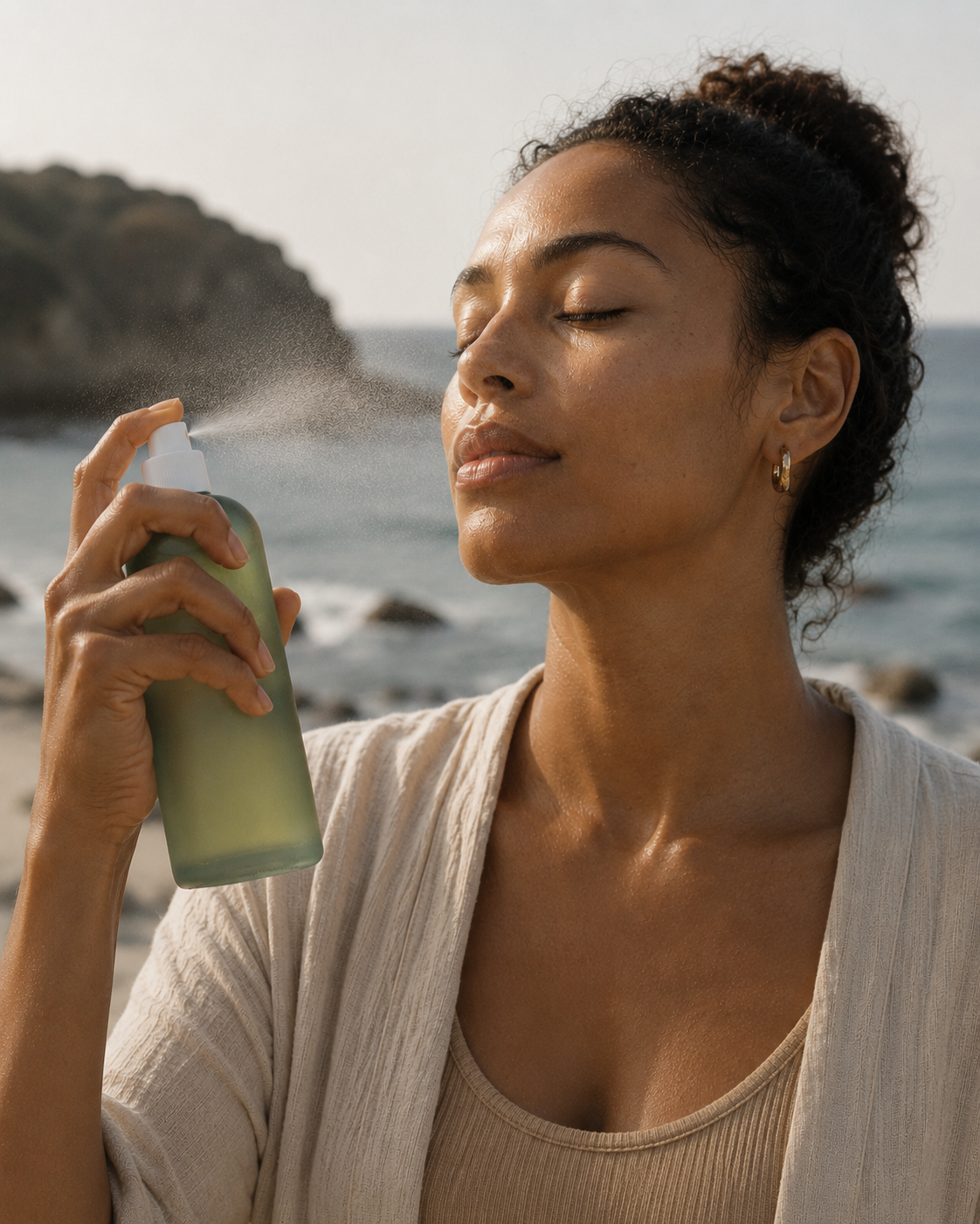 Woman misting her face with a hydrating mist on a rocky beach with the shoreline in the background